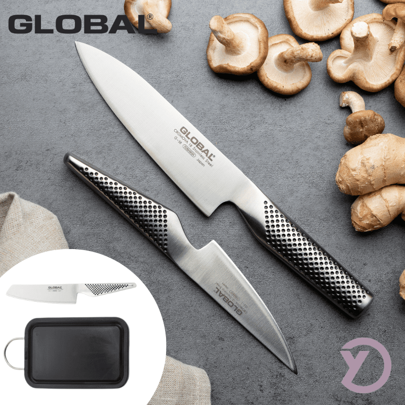 Skærebræt & 3 stk. Køkkenknive fra Global